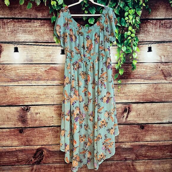 Boutique Maxi Dress Sz 1X Floral High Low Sheer Floral Boho Ruffle Short Sleeve - Picture 7 of 8